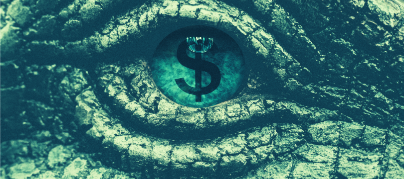 A trex eye with a dollar sign for a pupil.