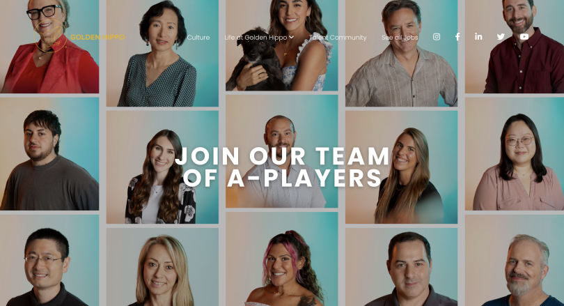 A screenshot of the Golden Hippo career page, with text stating "JOIN OUR TEAM OF A-PLAYERS" overlaying headshot photos of several employees.