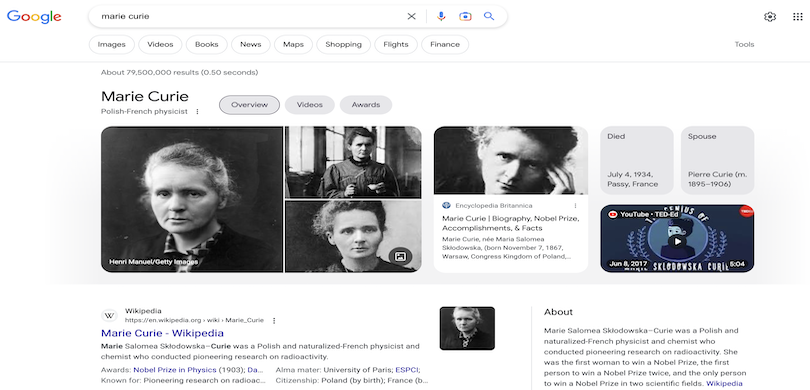 screenshot of google SERP of marie curie