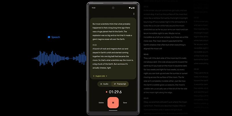 A screenshot of Google recorder taking audio and transcribing it.