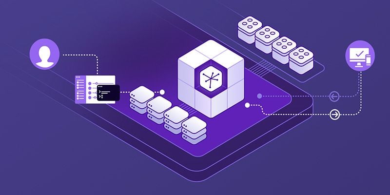 An illustration of Heroku's low code platform depicted as building blocks being added to a mobile devices interface.