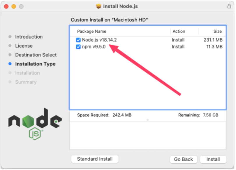 A screenshot of the node.js installation process