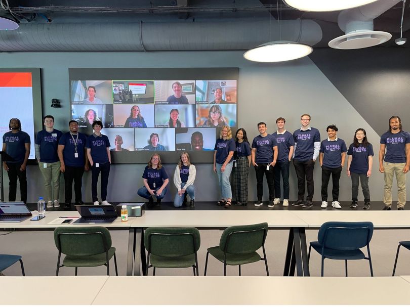 Group photo of in-person and virtual teammates during Pluralsight’s intern orientation.