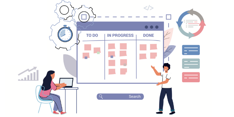 An illustration of people looking a a kanban board divided into columns of "to do," "in progress" and "done."