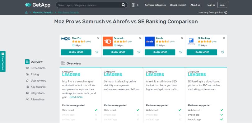 Example of GetApp comparison page