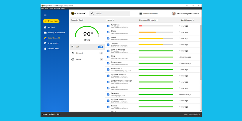 A screenshot of the Keeper Security password manager dashboard.