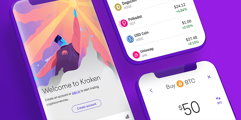 The Kraken crypto app displayed on mobiles devices showing their onboarding screen and tradable assets.