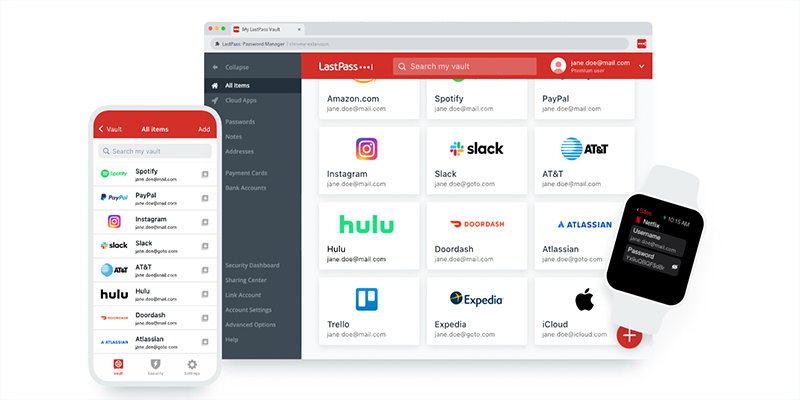 Last Pass' password manager dashboard displayed on  a mobile device and a desktop computer.