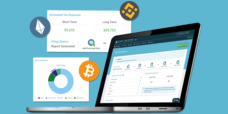 The Ledgible crypto app displayed on a laptop computer surrounded by cryptocurrency logos.