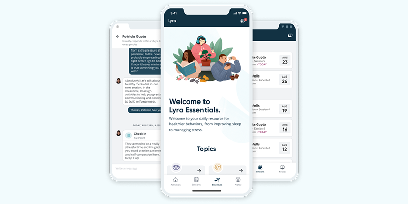 Screens from the Lyra health app showing a welcome message and messaging and scheduling functions.
