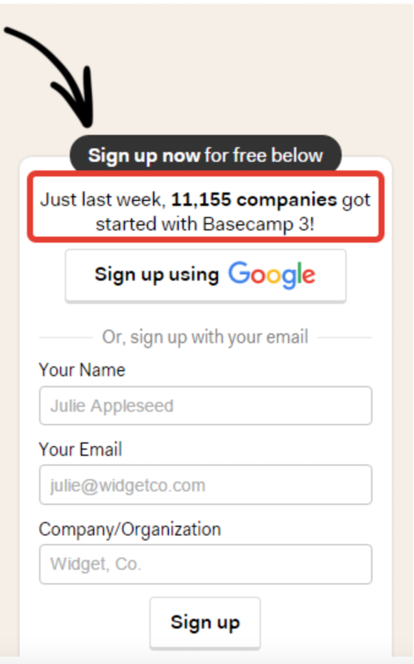 A screenshot of the Basecamp sign-up page