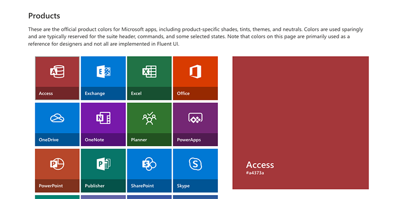 A screen shot of Microsoft's design system color guidelines.