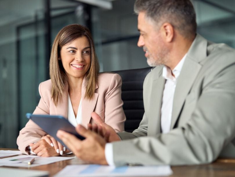 Consultant discusses new business strategy with client in office conference room