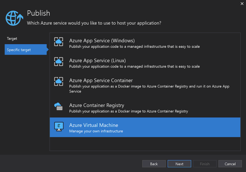 Azure publish screen options.