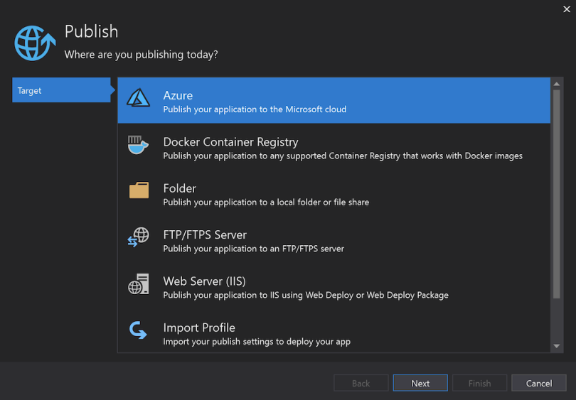 Azure publish screen.