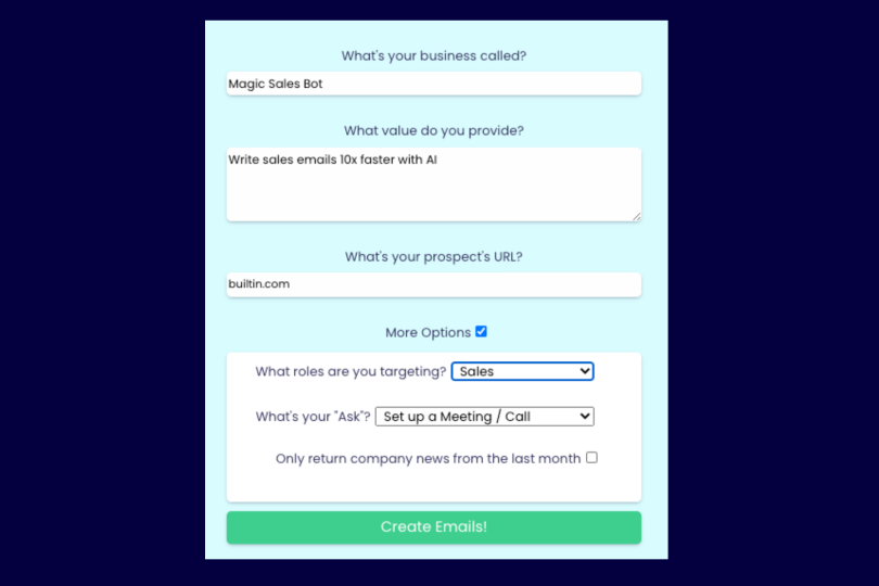 Magic Sales Bot Email Inputs