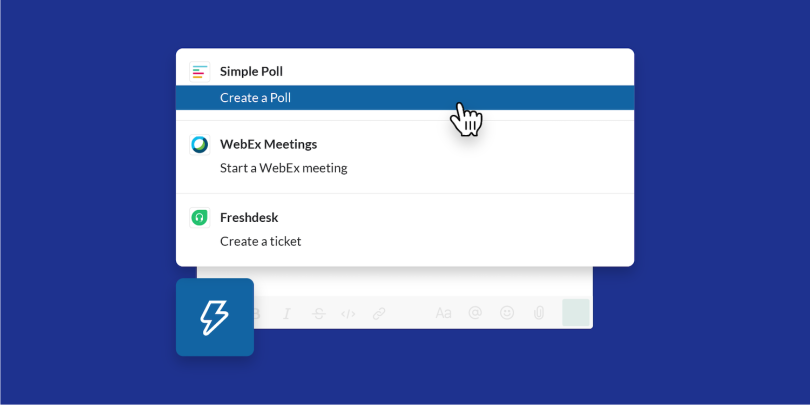 The lightning bolt icon in the compose field leads to shortcuts, integrations, and workflow tools.