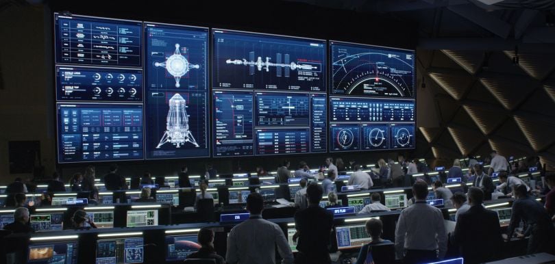 Territory Studio reskinned and reorganized the Johnson Space Center's mission control center to help viewers follow the story.