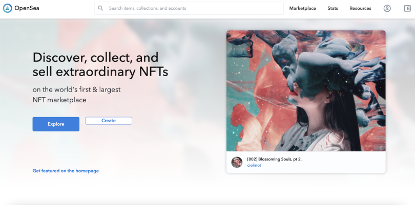OpenSea is a marketplace to sell NFTS. The homepage image Blossoming Souls, pt 2. was created by cielmot.
