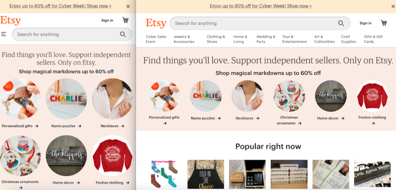 Etsy's mobile-first approach prioritizes timely shopping categories at the top of the page.