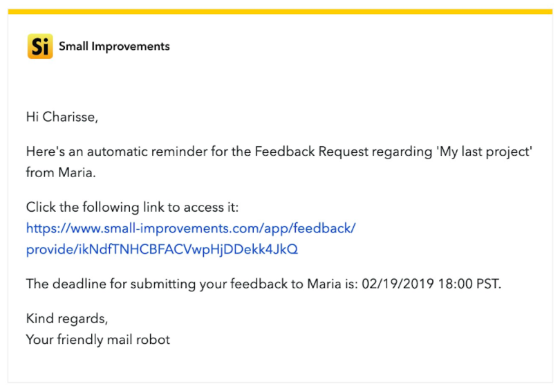 Screenshot of how Small Improvements uses feedback links. An example of how to reduce churn using surveys.