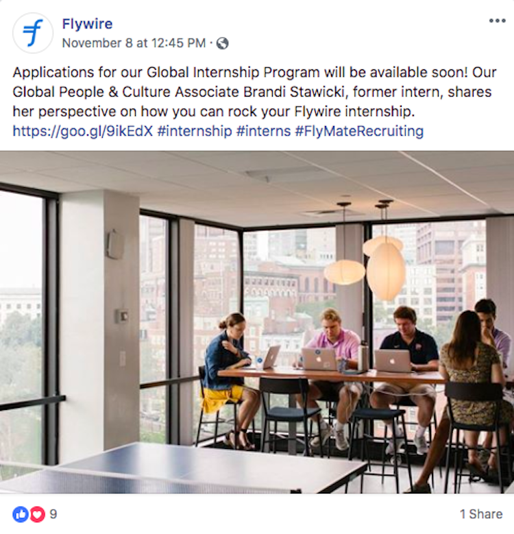 flywire-facebook-social-media-employer-branding-examples