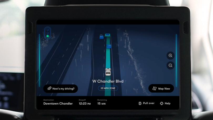 The passenger interface presents a map view of  what the car sees.