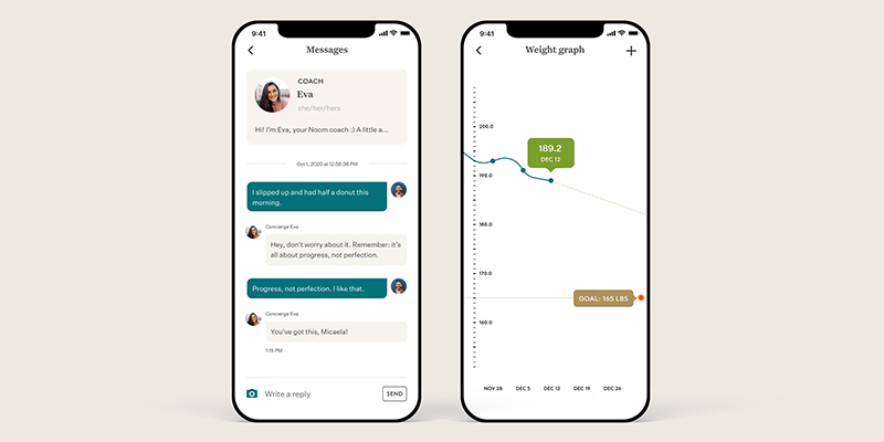 Screens of the Noom health app showing messages between a coach and user and a chart of their weight loss.