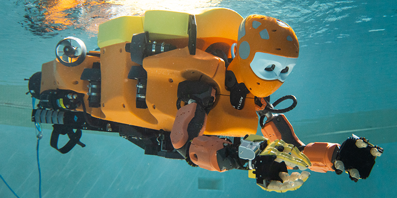 The humanoid robot, Ocean One k, swimming in the ocean.