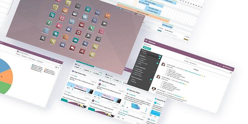Screenshots of various screens running Odoo's open source software.