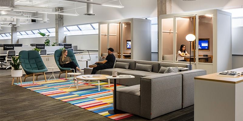 Hootsuite's office showing their various seating options and collaborative spaces.