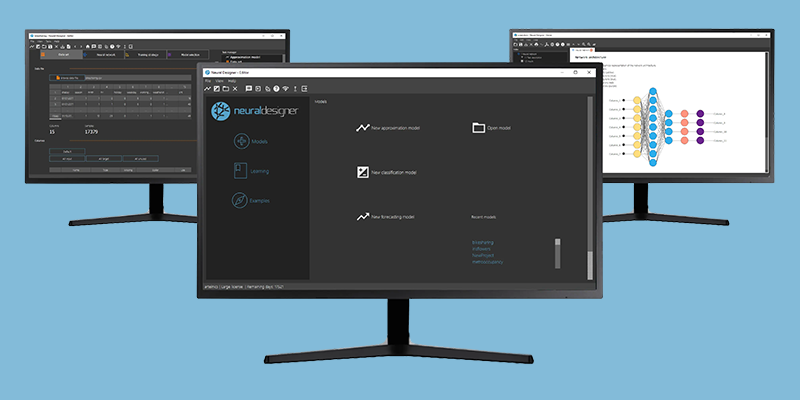 Opennn's platform displayed on 3 desktop computers.