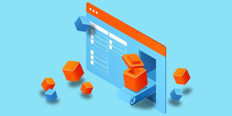 An illustration of Pegasystems' low code platform depicted as a conveyor belt producing UI element building blocks.