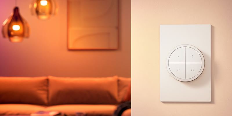The Phillips Hue IoT light switch mounted to a wall.