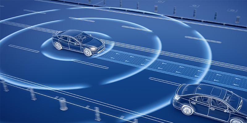 A car sensing its environment with proximity sensors.