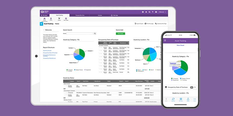 Quickbase's low code platform displayed on a mobile device and tablet device.