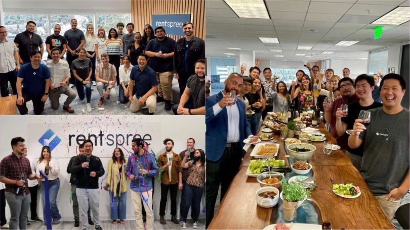 Collage of three pictures featuring RentSpree employees posing together and celebrating as a team