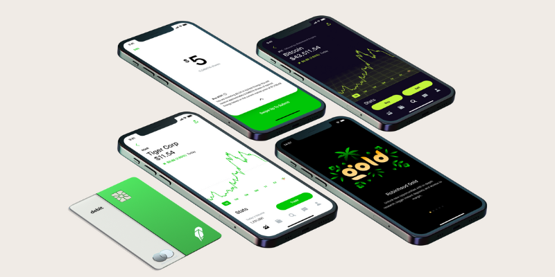 The Robinhood app displayed on various mobile devices and their physical credit card.