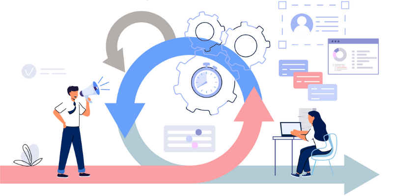 An illustration of people working next to a large looping arrow representing the iterative nature of the scrum ideology.