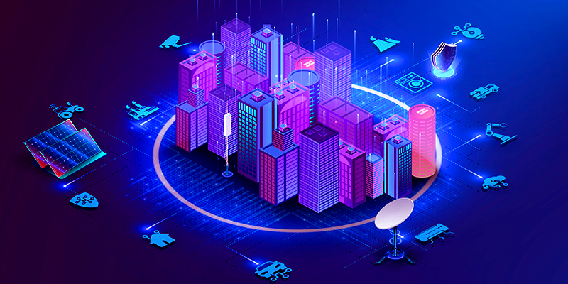 A digital city connected to IoT devices.