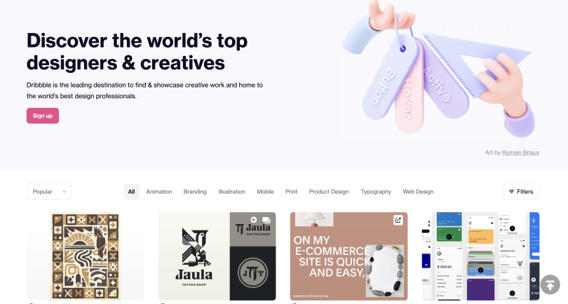 Landing page of Dribbble, a social networking site where designers can display their work and interact with other professionals. Image courtesy of Dribbble.