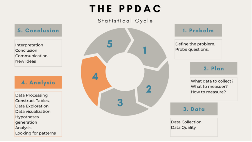 statistical analysis chart of the statistical cycle. The chart is in the shape of a circle going clockwise starting with one and going up to five. Each number corresponds to a brief description of that step in the PPDAC cylce. The circle is gray with blue number. Step four is orange.