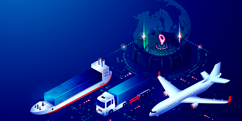 A plane, boat and truck connected through supply chain IoT technology.