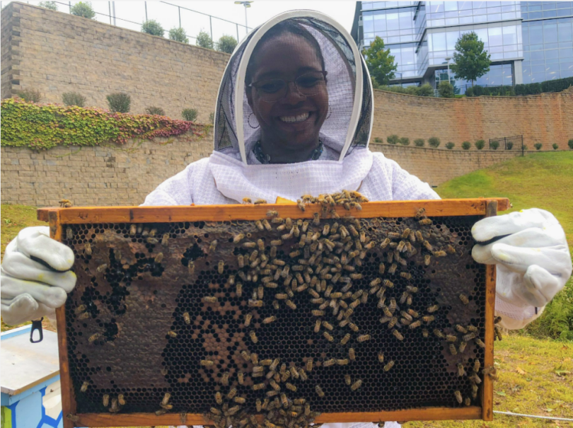 Marian stands in a beekeeping suit with a panel of honeycomb