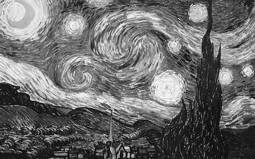 Grayscale image of Vincent van Gogh’s The Starry Night