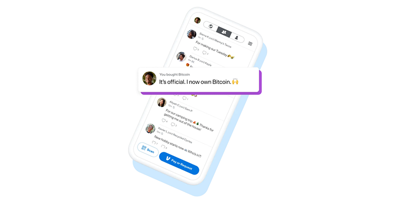 The Venmo app displayed on a mobile device showing the activity screen and a users message on owning crypto.