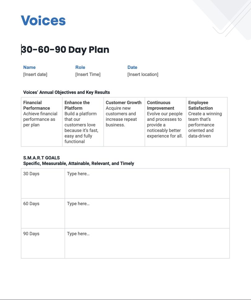 A screenshot of Voices' 30-60-90 Day Plan Template.
