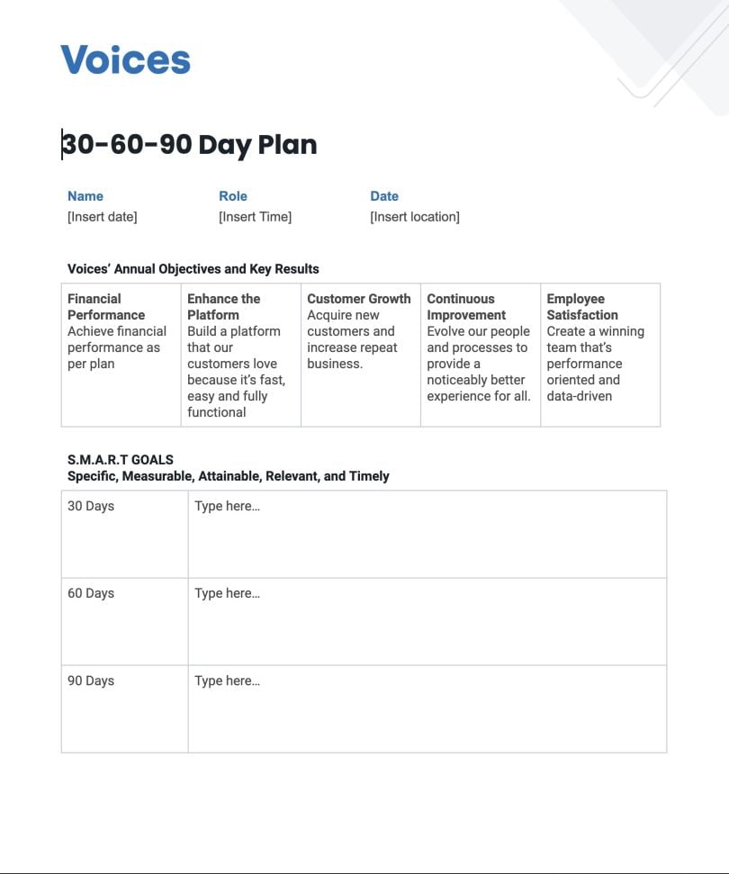 sample 30 60 90 day plan template