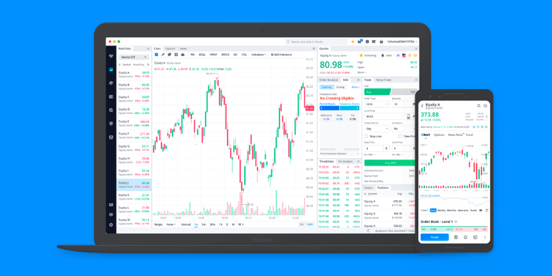 the Webull crypto app displayed on a mobile device and laptop computer showing crypto trends and trading activity.