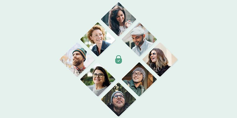 Images of customers organized into a diamond shape with a lock icon at the center representing Zeotaps commitment to security.